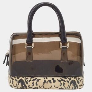 FURLA Black/Beige Leopard Print Rubber and Leather Candy Satchel!AS IS